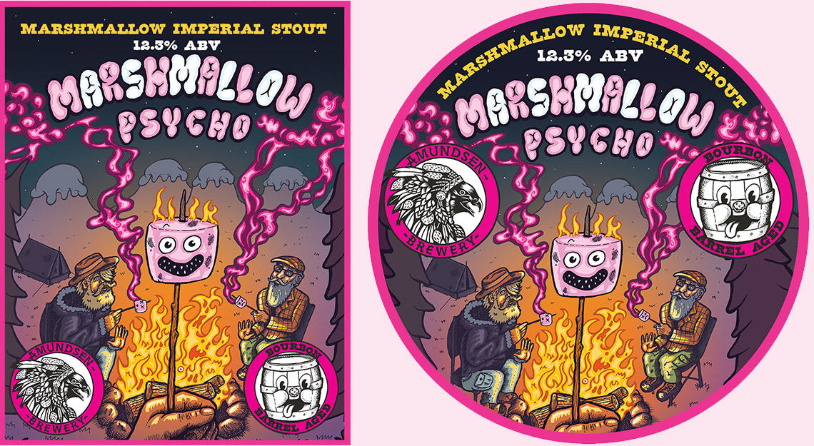 Craft Beer Label Illustration - Amundsen Brewery - Marshmallow Psycho Cask and Keg Art
