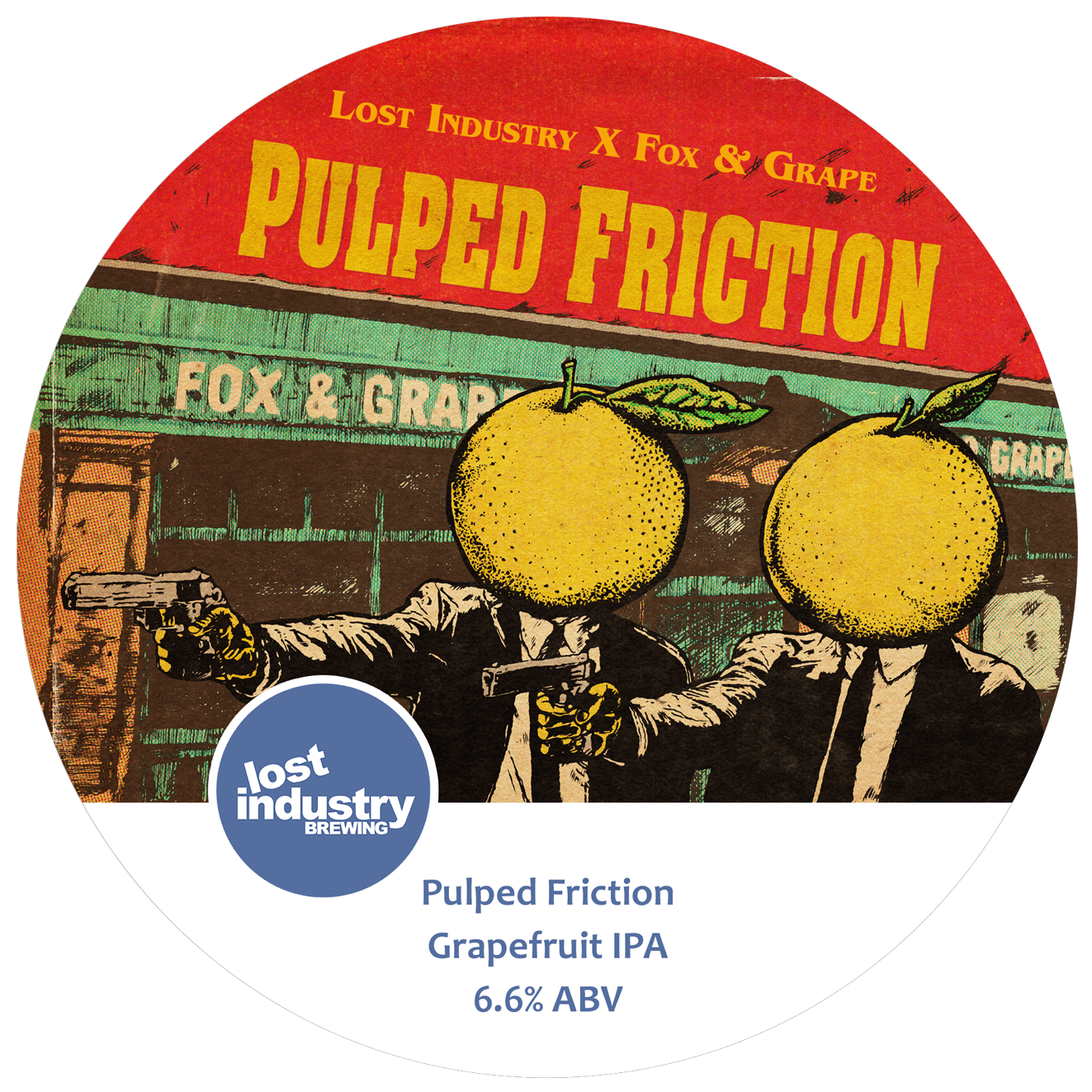 Craft Beer Label Illustration - Lost Industry - Pulped Friction Grapefruit IPA Keg Clip