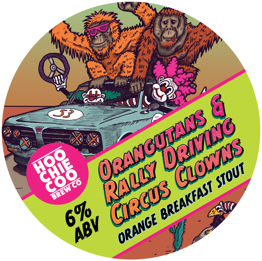 HOOCHIECOO Brew Co - Orangutans and Rally Driving Circus Clowns - Orange Breakfast Stout Keg Clip 
